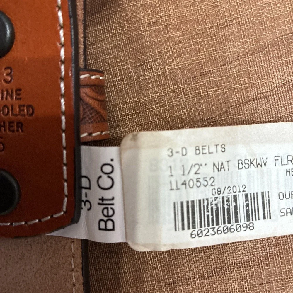 3D Belt Co. Men's Leather Belt Western Buckle Handtool Weave Pattern Sz. 46 NWT